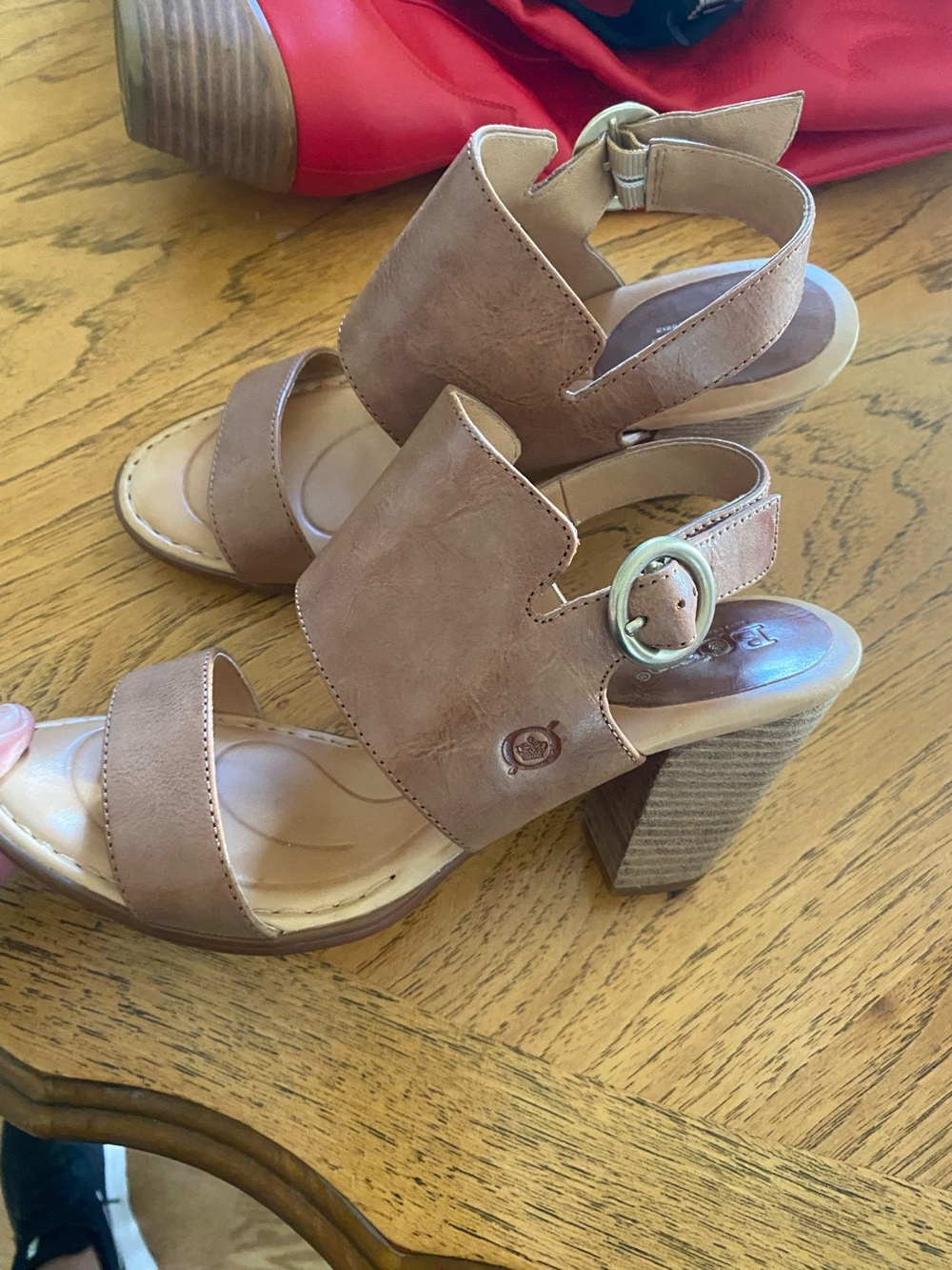 Women's Taupe Block Heel Sandals with Buckle Strap